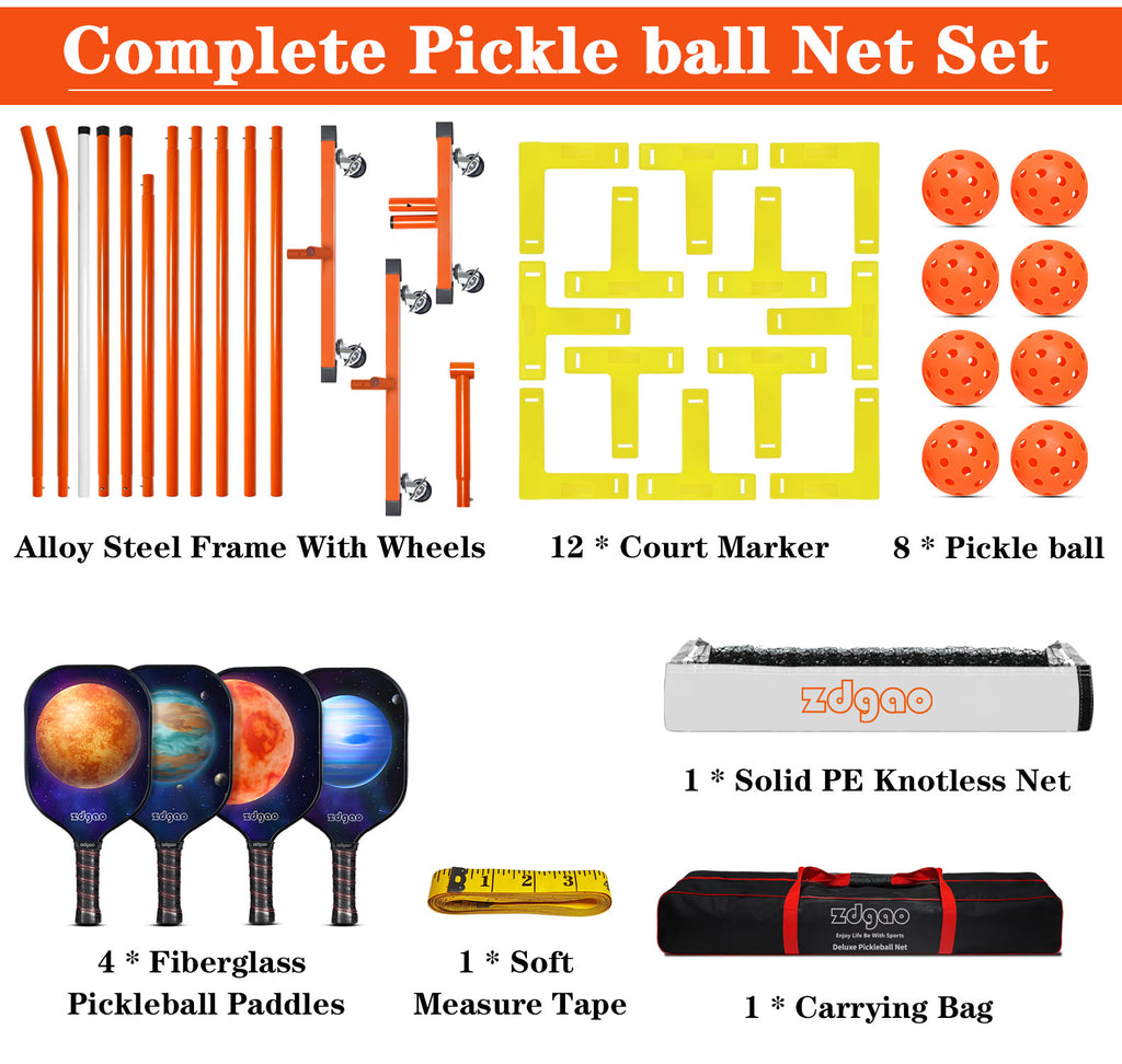 Zdgao Pickleball Net Set with 22 FT Regulation Size Pickleball Net, Paddles Set of 4, Outdoor Pickleballs and Carrying Bag, Steady Metal Frame for Driveway, Backyard, Home