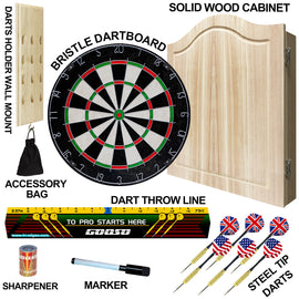 Dart Board Cabinet Set with 18 Inch Bristle Dartboard, Darts Holder Wall Mounted, Darts Throw Line, and Ready-to-Play Bundle with Steel Tip Darts Set