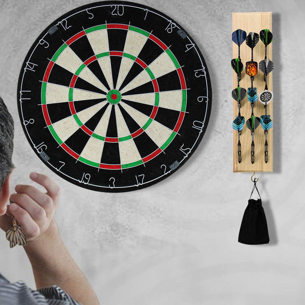 Darts Caddy Wall Mounted Darts Holder/Stand/with Metal Hook, Accessory Storage Bag, Displays 12 Set of Steel/Soft Tip Darts