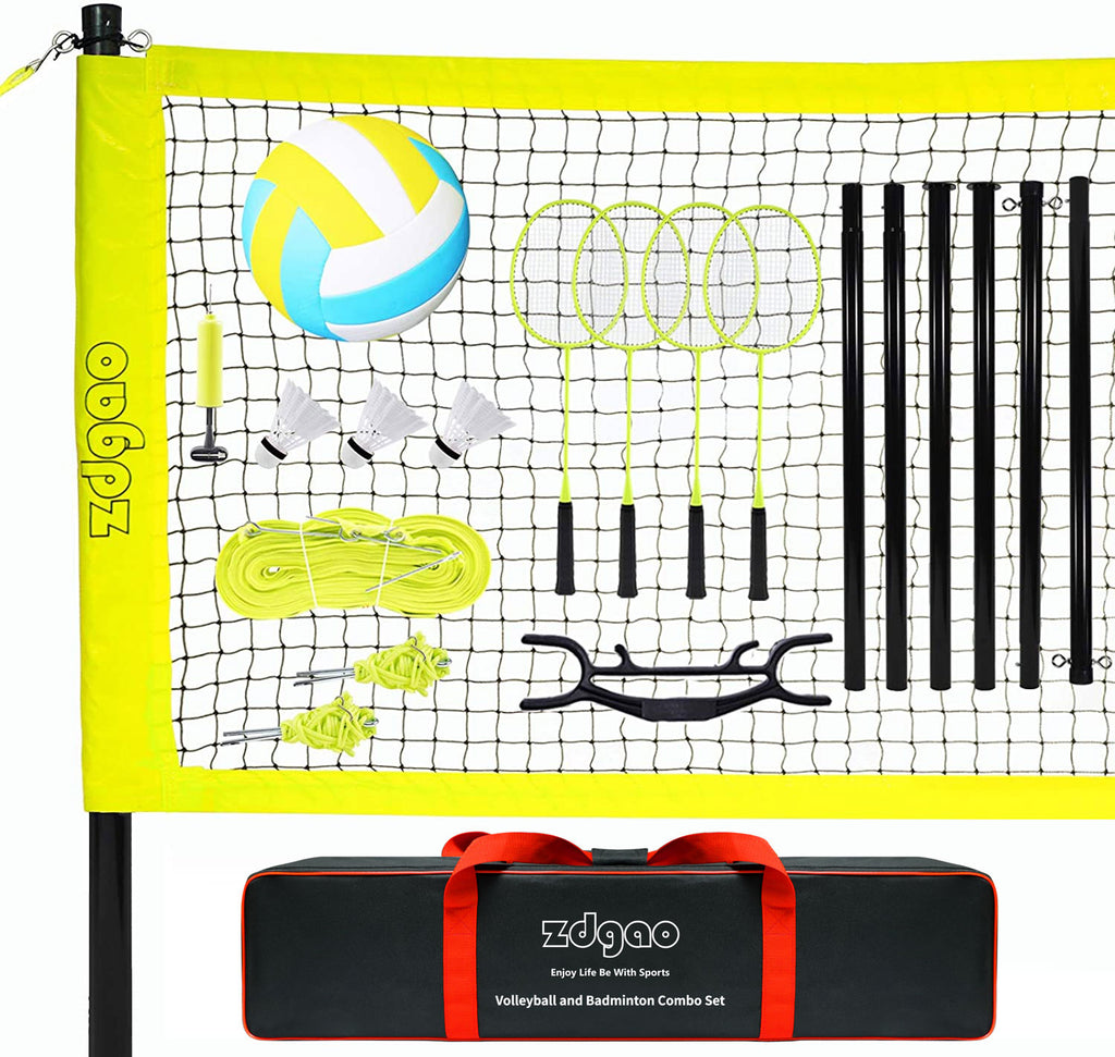Volleyball and Badminton Set for Backyard and Outdoors with Easy Set-up Volleyball Net + 4 Pro Badminton Rackets + Carrying Bag + Volleyball + Ball Pump