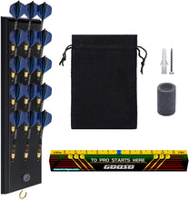 Load image into Gallery viewer, Wall Mounted Darts Holder Displaying 15pcs Steel Tip or Soft Tip Darts | Dart Caddy for Wall with Metal Hook, Come with Darts Throw Line Marker, Accessory Bag, and Darts Sharpener
