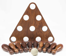 Load image into Gallery viewer, Shuffleboard Bowling Pin Set with 10 Pcs Premium Hardwood Bowling Pins Durable Triangular Pinsetter Resin Bowling Ball and Carrying Bag, Fun for Shuffleboard Games