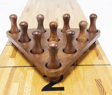 Load image into Gallery viewer, Shuffleboard Bowling Pin Set with 10 Pcs Premium Hardwood Bowling Pins Durable Triangular Pinsetter Resin Bowling Ball and Carrying Bag, Fun for Shuffleboard Games