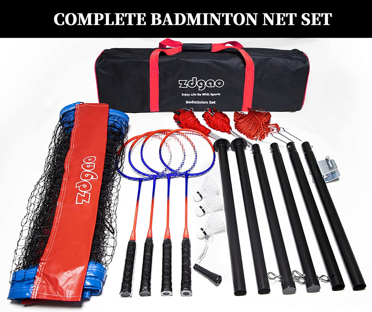 Badminton Set for Backyard with Net | Portable Outdoor Badminton Net with  Winch System, 4 Badmitton Rackets, 3 Nylon Shuttlecocks, Boundary Line, and