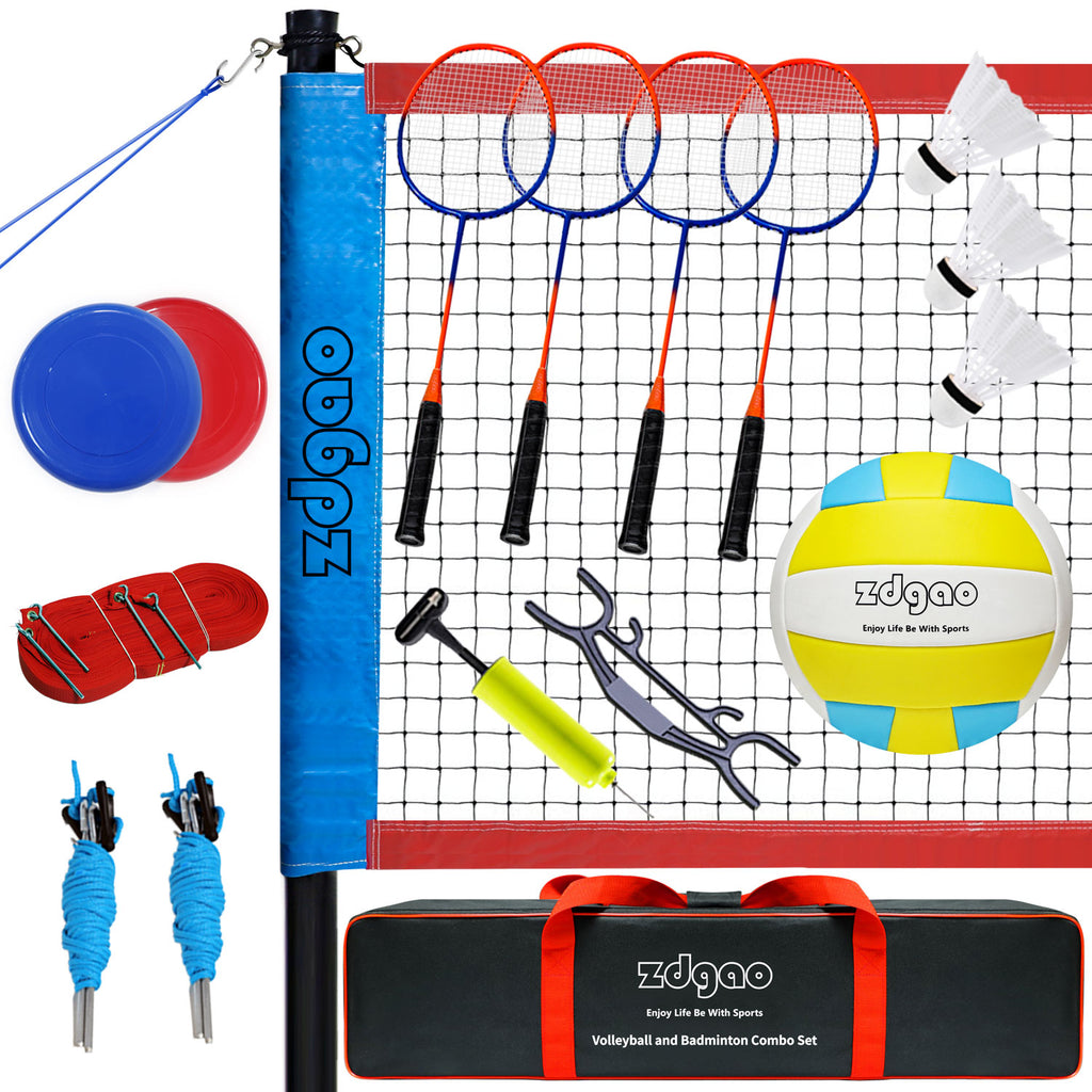 Zdgao Badminton & Volleyball Combo Set - Professional Volleyball Net for Lawn, Backyard, Easy Set up Volleyball Set with Carry Bag, Boundary Line | Come with Flying Discs for Family Fun