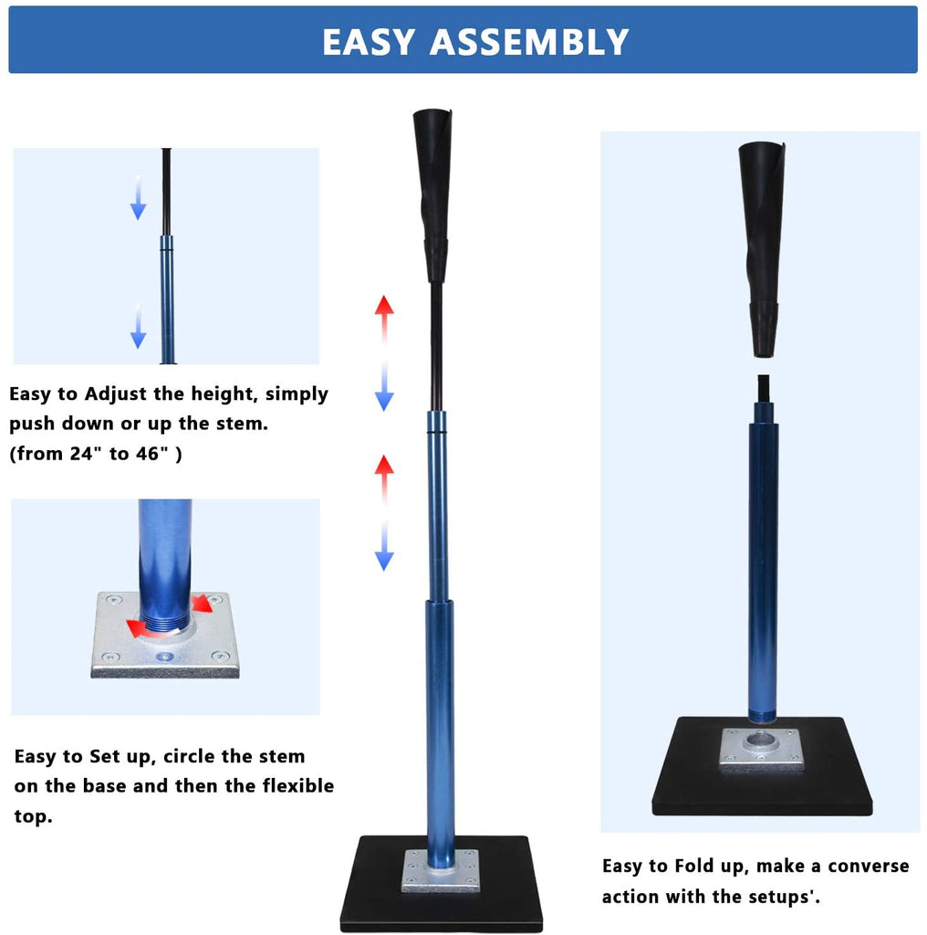 Zdgao Baseball Batting Tee - Professional Hitting Tee for Baseball/Softball with Ultra- Flexible Rubber Top - Easy Height Adjustment 24-46 inch (Heavy Weight Base)