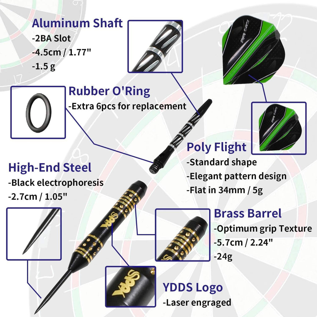 Professional Steel Tip Darts with Brass Barrel Darts+ Aluminum Shafts, Rubber O'Rings, and Extra Flights + Dart Sharpener + Innovative Case Tool+ Extra O'Rings
