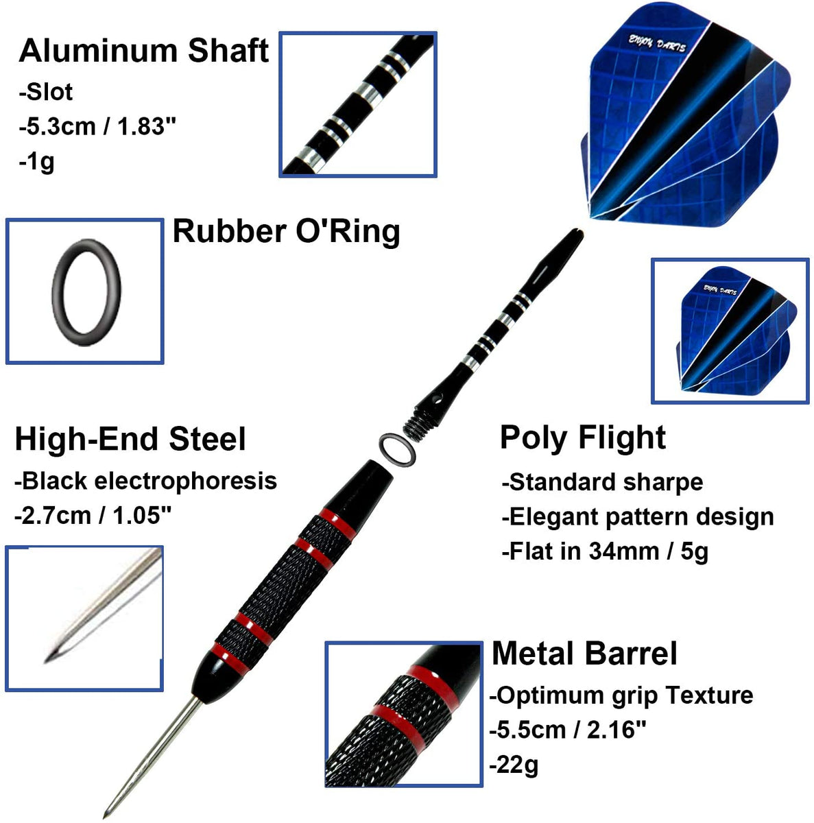 Darts Steel Tip - 22g Professional Metal Tip Darts Set of 6 w/Aluminum