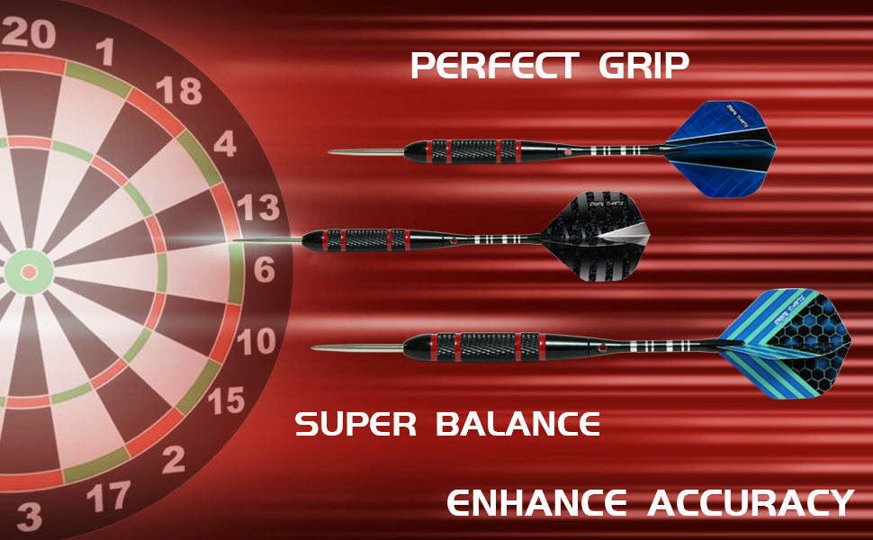Darts Steel Tip - 22g Professional Metal Tip Darts Set of 6 w/Aluminum Shaft + 12pcs Dart Flights + 8pcs Flight Protectors + Dart Sharpener