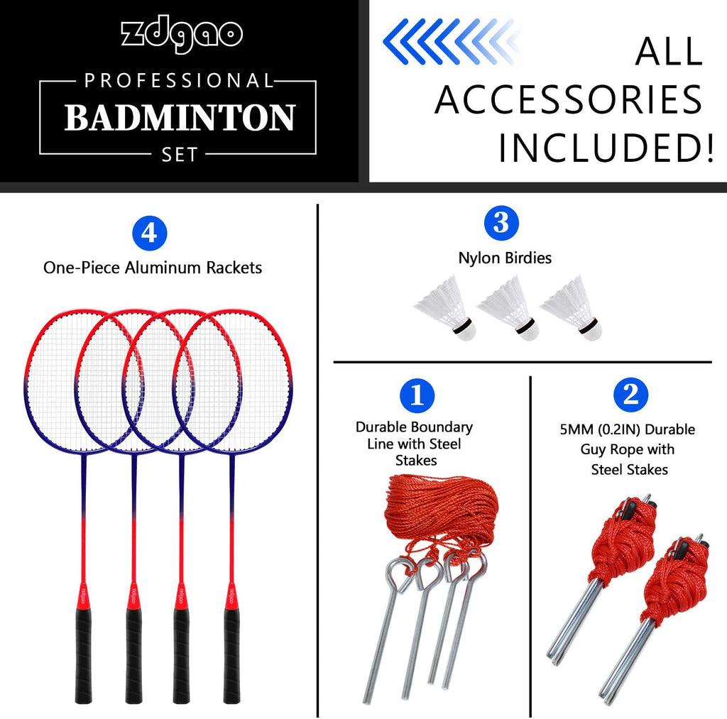 Badminton Set for Backyard with Net | Portable Outdoor Badminton Net with Winch System, 4 Badmitton Rackets, 3 Nylon Shuttlecocks, Boundary Line, and Durable Carrying Bag for Lawn, Beach