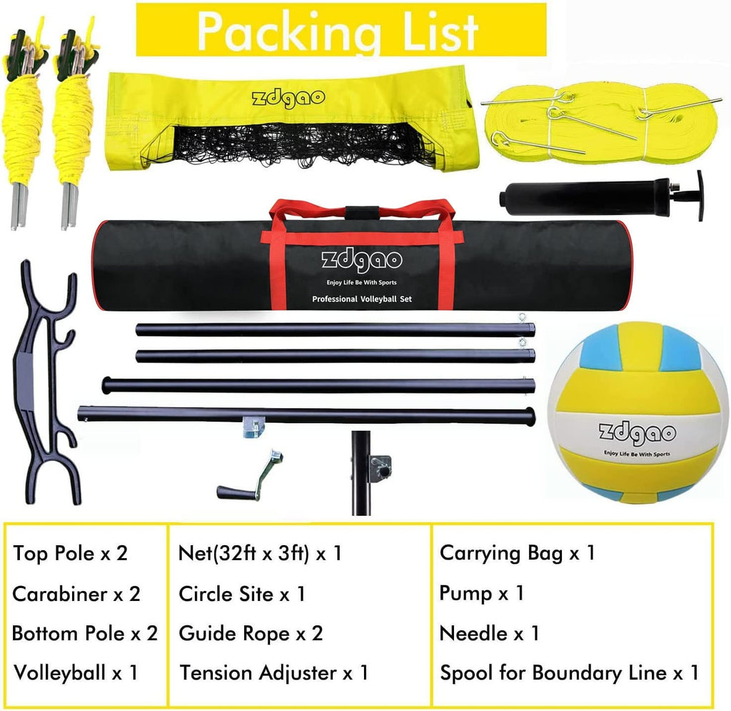 Professional Volleyball Net with Height Adjustable Aluminum Poles and Anti-Sag System, Boundary Line, Volleyball and Pump, Portable Volleyball Sets for Backyard, Lawn, Beach