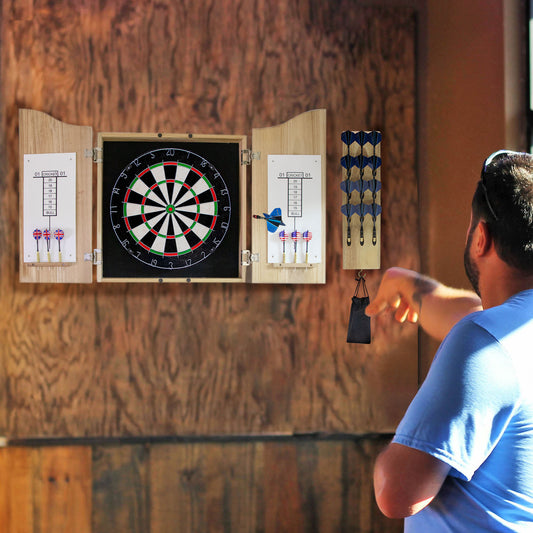 The Dartboard with Cabinet and Darts Set Also Packed with Wooden Darts Caddy Wall Mounted, a Darts Accessories Bag, and Toe Line for Dart Games.