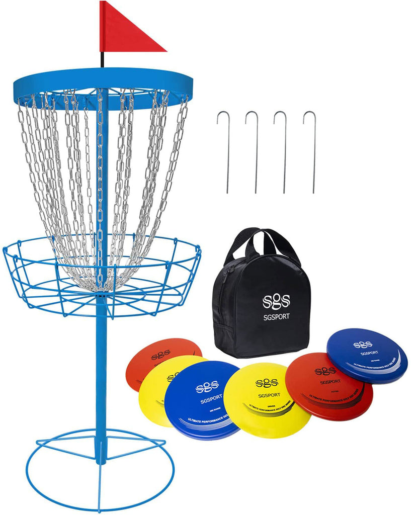 Disc Golf Basket with Discs | Heavy Duty 24-Chains Disc Golf Course Basket with 6pcs Disc Golf Discs and Carry Bag