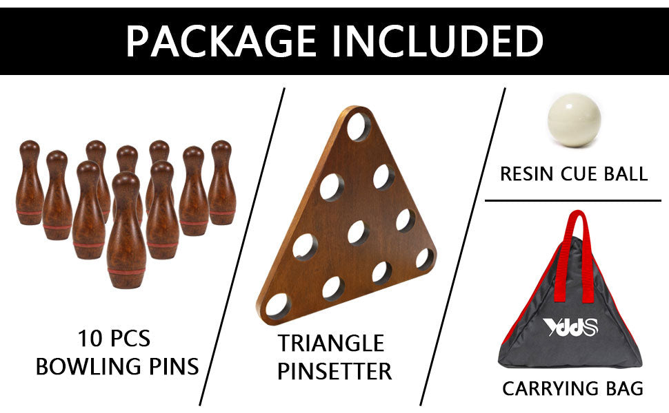 Shuffleboard Bowling Pin Set with 10 Pcs Premium Hardwood Bowling Pins Durable Triangular Pinsetter Resin Bowling Ball and Carrying Bag, Fun for Shuffleboard Games