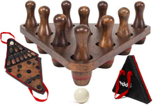 Load image into Gallery viewer, Shuffleboard Bowling Pin Set with 10 Pcs Premium Hardwood Bowling Pins Durable Triangular Pinsetter Resin Bowling Ball and Carrying Bag, Fun for Shuffleboard Games