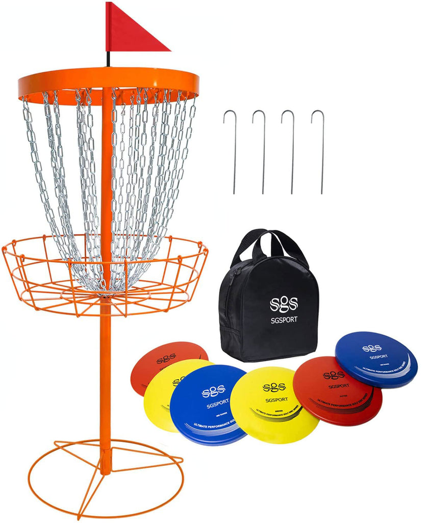 Disc Golf Basket with Discs | Heavy Duty 24-Chains Disc Golf Course Basket with 6pcs Disc Golf Discs and Carry Bag