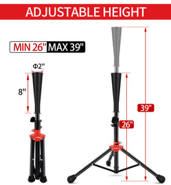 FDLS Baseball Batting tee for Adults and Youth Teens, Portable Tripod Stand Base Tee Easy Adjustable Height 26 to 39 inches for Hitting Training Practice, with Carrying Bag (Black and Rubber top)