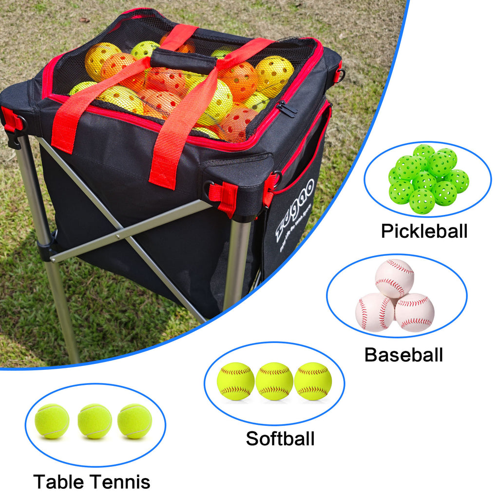 Zdgao Pickleball Tennis Ball Hopper-Foldable Lightweight Tennis Ball Basket Holds 180 Tennis with Removable Bag,Wheel,Side Pocket for Training/Teaching, for Tennis/Baseball/Softball/Pickleball