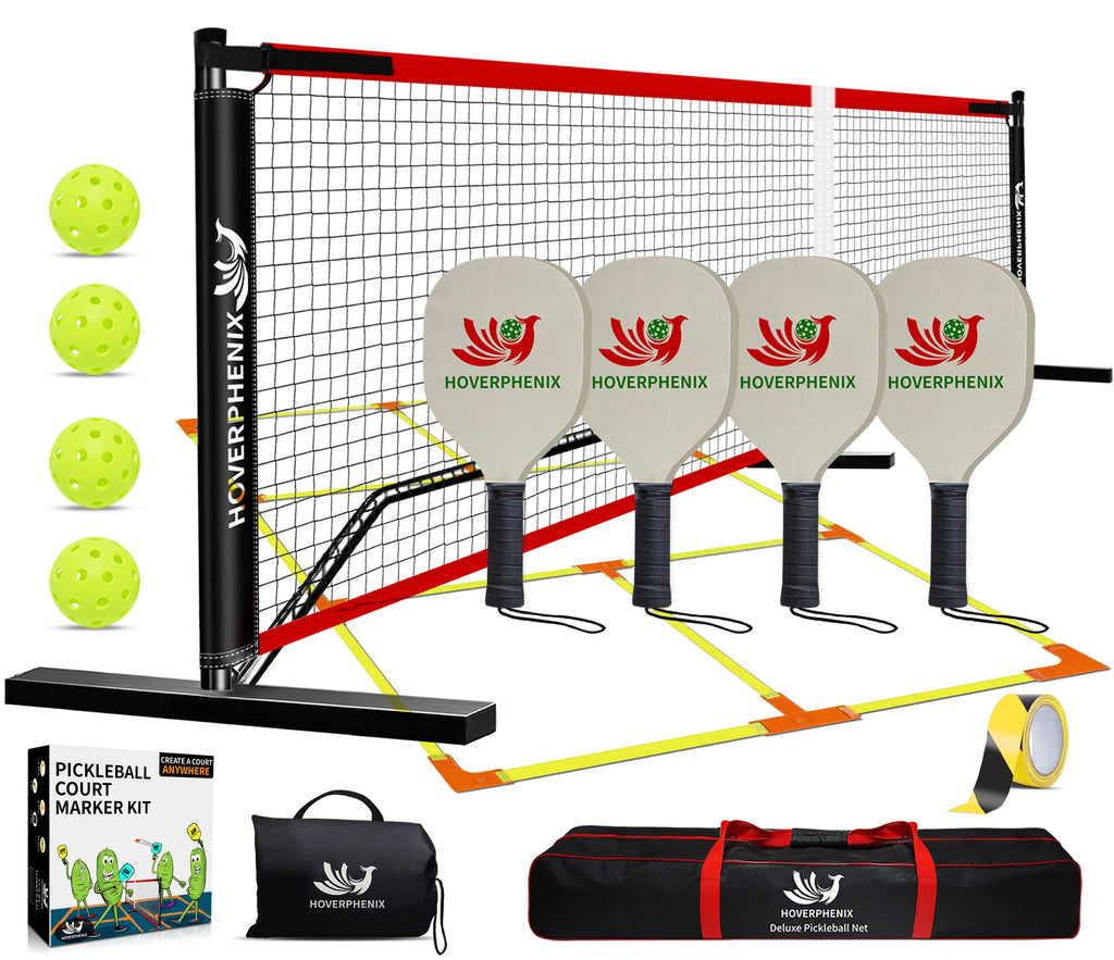 Pickleball Set with Net for Driveway, Portable Regulation Size Pickleball Net System with Paddle Set of 4, Outdoor Pickleballs, Carry Bag, Weather Resistant Metal Frame