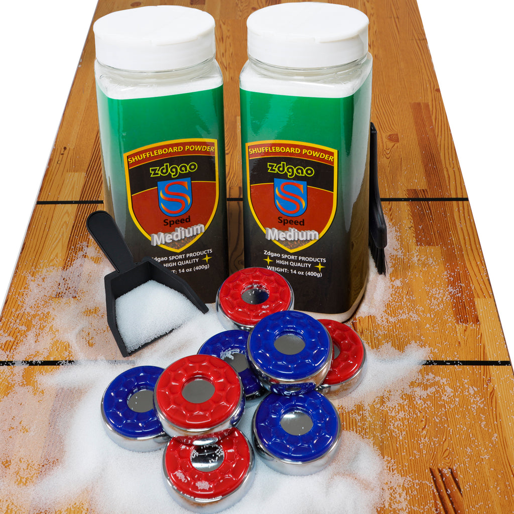 Shuffleboard Pucks w/ 2 Cans Shuffleboard Wax, Mini Dustpan and Brush for Shuffleboard Table, Complete Shuffleboard Accessories Bundle