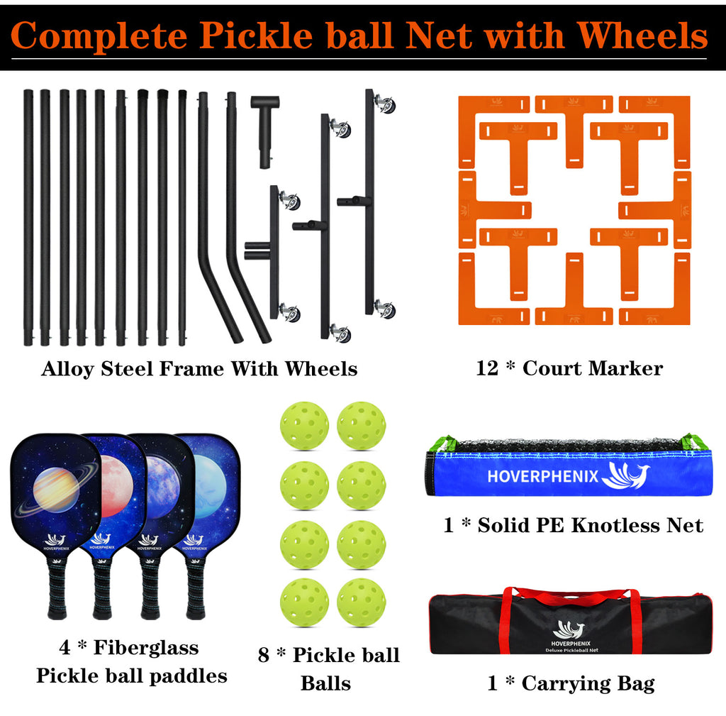 Pickleball Net for Driveway, Portable Pickleball Set with Net and Paddle Set of 4, Outdoor Pickleballs, Carry Bag, Weather Resistant Metal Frame