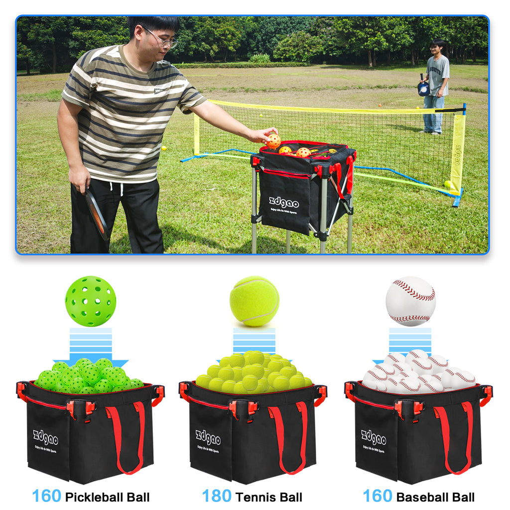 Zdgao Pickleball Tennis Ball Hopper-Foldable Lightweight Tennis Ball Basket Holds 180 Tennis with Removable Bag,Wheel,Side Pocket for Training/Teaching, for Tennis/Baseball/Softball/Pickleball