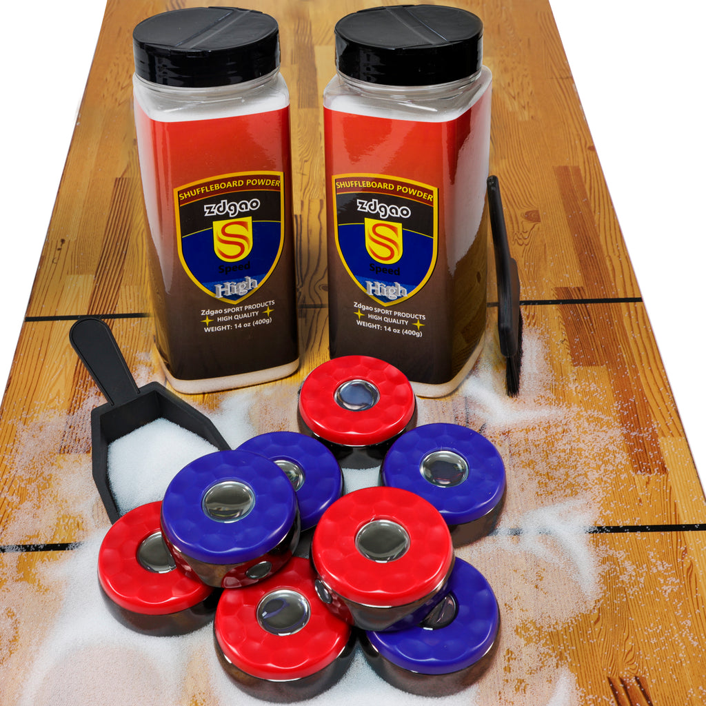 Shuffleboard Pucks w/ 2 Cans Shuffleboard Wax, Mini Dustpan and Brush for Shuffleboard Table, Complete Shuffleboard Accessories Bundle