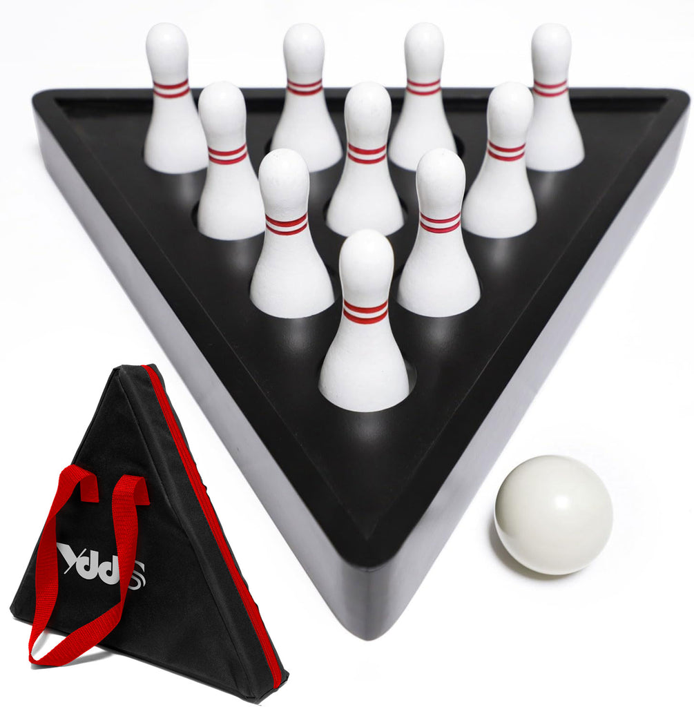 Shuffleboard Bowling Pin Set with 10 Pcs Premium Hardwood Bowling Pins Durable Triangular Pinsetter Resin Bowling Ball and Carrying Bag, Fun for Shuffleboard Games