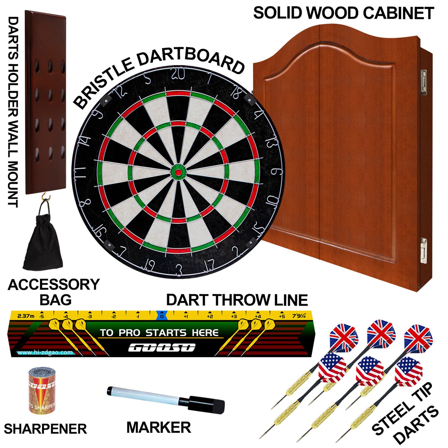 Dart Board Cabinet Set with 18 Inch Bristle Dartboard, Darts Holder Wall Mounted, Darts Throw Line, and Ready-to-Play Bundle with Steel Tip Darts Set