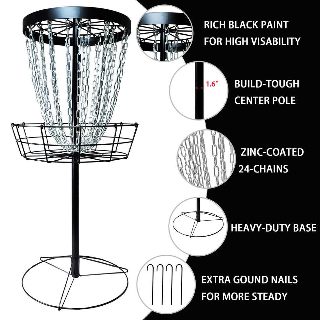 Disc Golf Basket with Discs | Heavy Duty 24-Chains Disc Golf Course Basket with 6pcs Disc Golf Discs and Carry Bag