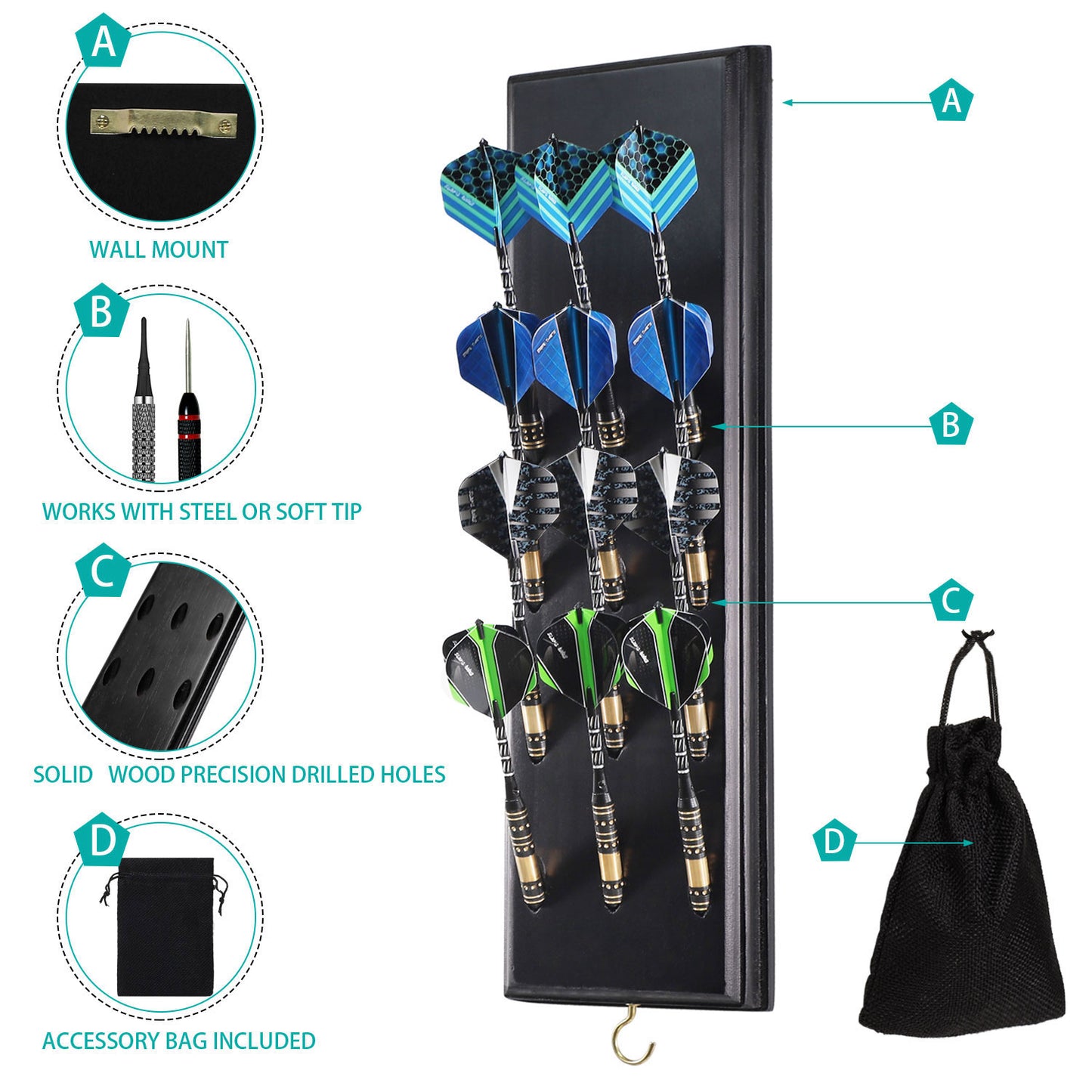 Darts Caddy Wall Mounted Darts Holder/Stand/with Metal Hook, Accessory Storage Bag, Displays 12 Set of Steel/Soft Tip Darts