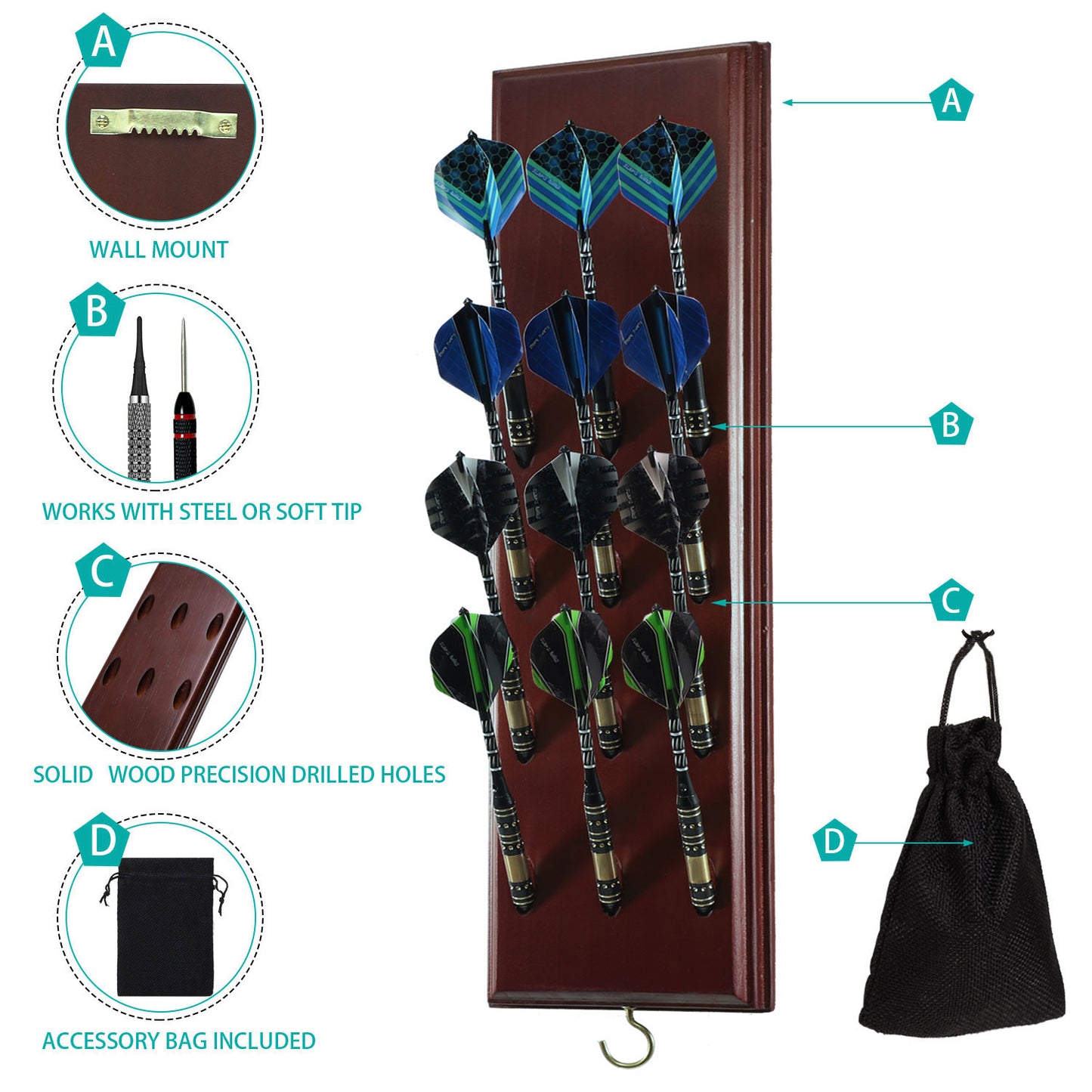 Darts Caddy Wall Mounted Darts Holder/Stand/with Metal Hook, Accessory Storage Bag, Displays 12 Set of Steel/Soft Tip Darts