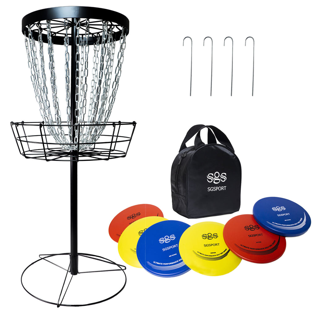 Disc Golf Basket with Discs | Heavy Duty 24-Chains Disc Golf Course Basket with 6pcs Disc Golf Discs and Carry Bag