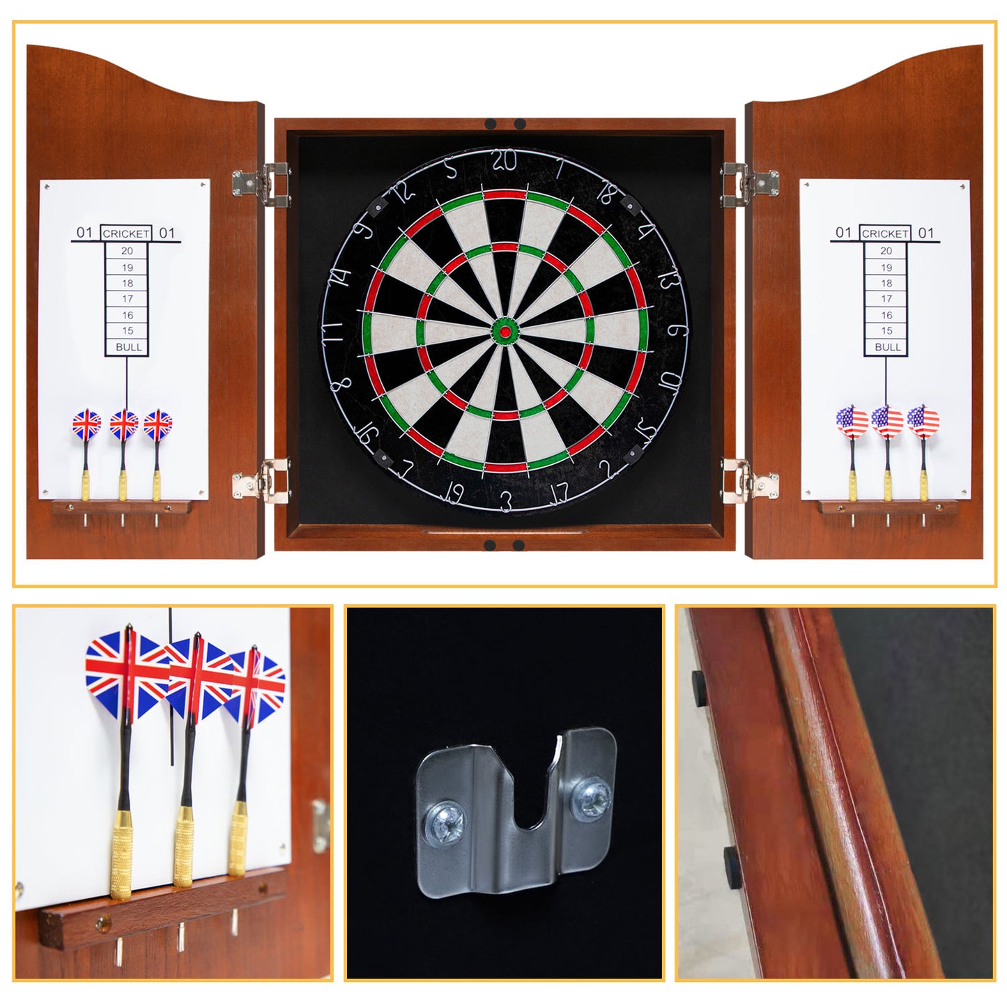 Dart Board Cabinet Set with 18 Inch Bristle Dartboard, Darts Holder Wall Mounted, Darts Throw Line, and Ready-to-Play Bundle with Steel Tip Darts Set