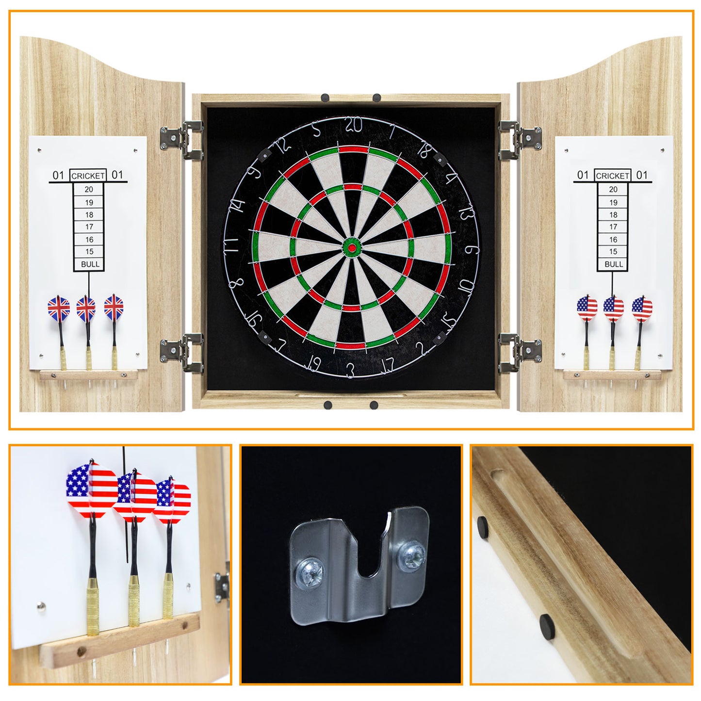 Dart Board Cabinet Set with 18 Inch Bristle Dartboard, Darts Holder Wall Mounted, Darts Throw Line, and Ready-to-Play Bundle with Steel Tip Darts Set