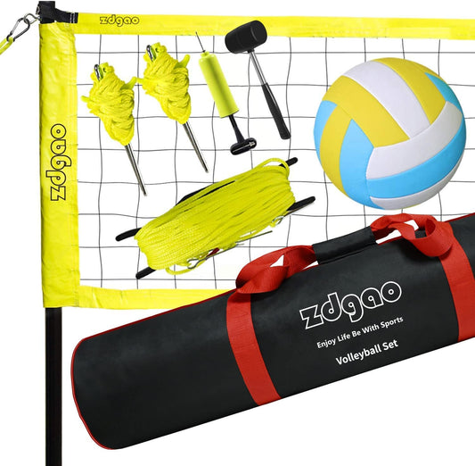 Outdoor Volleyball Net - Portable Volleyball Set for Backyards with Easy Setup Pole System, Boundary Line, Volleyball Ball and Pump, Carry Bag