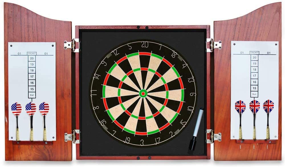 Dart Board Set -Solid Wooden Cabinet + 17inch Bristle Dartboard + 24g Darts Metal Tip Set + Scoreboard and Marker, Classical Dart Boards for Adults Bundle