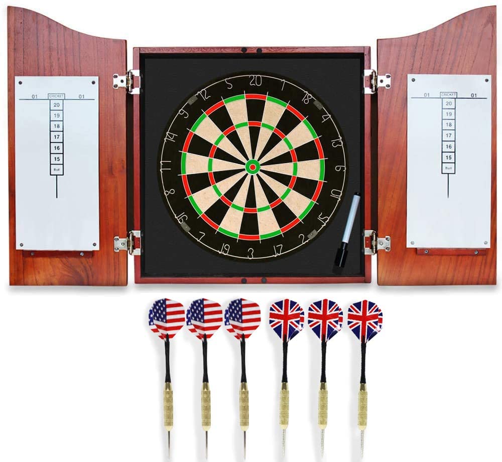 Dart Board Set -Solid Wooden Cabinet + 17inch Bristle Dartboard + 24g Darts Metal Tip Set + Scoreboard and Marker, Classical Dart Boards for Adults Bundle