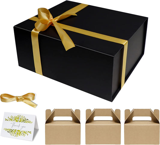 Gift Boxes for Presents - 1 Pack 8.6" x 7.3" x 3.5" Gift Box with Lid and Magnetic Closure, Come with Gold Ribbons & Gifted Card for Birthday, Bridesmaid, or Anniversary for Women and Men