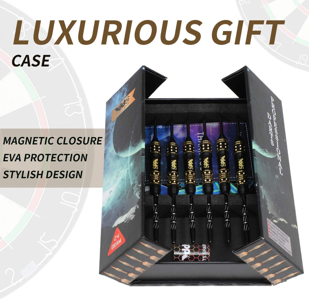 Professional Steel Tip Darts with Brass Barrel Darts+ Aluminum Shafts, Rubber O'Rings, and Extra Flights + Dart Sharpener + Innovative Case Tool+ Extra O'Rings