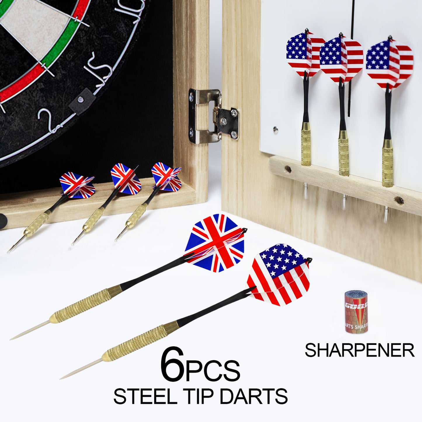 Dart Board Cabinet Set with 18 Inch Bristle Dartboard, Darts Holder Wall Mounted, Darts Throw Line, and Ready-to-Play Bundle with Steel Tip Darts Set