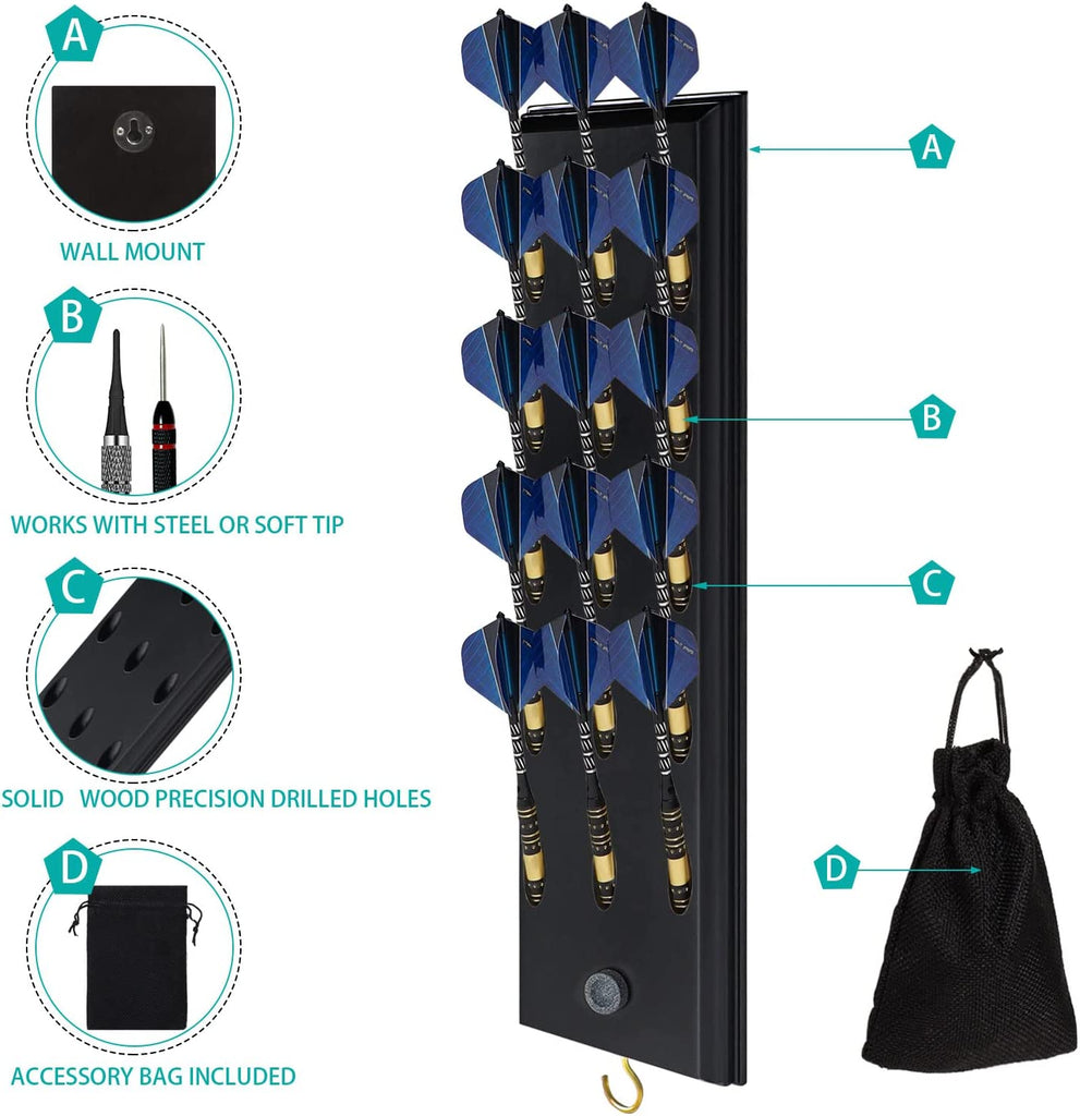 Wall Mounted Darts Holder Displaying 15pcs Steel Tip or Soft Tip Darts | Dart Caddy for Wall with Metal Hook, Come with Darts Throw Line Marker, Accessory Bag, and Darts Sharpener