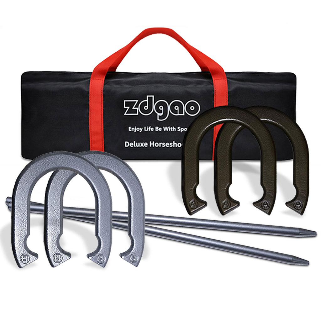 Horseshoe Set w/ 4 Steel Forged Horseshoes 2 Heavy Duty Stakes and Carrying Case, Traditional Outdoor Lawn Games for Backyard, Silver & Golden